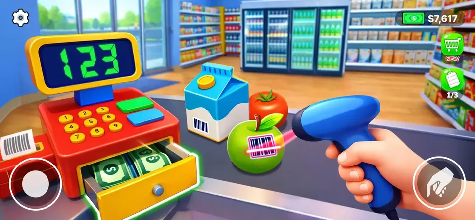 Shopping & Supermarket Games: shop with a picture list: find fruits, snacks and groceries on the shelves